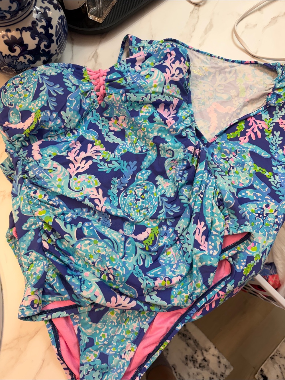 Lilly Pulitzer Blue Floral Coral-Print two Piece with coverup